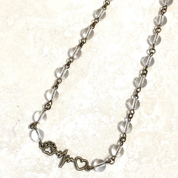 Genuine Clear Quartz Short Necklace,Bronze Paw Print Heart Beat Natural Gemstone - Picture 13 of 16